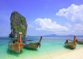 Koh Poda with long tail boats on beach - fototapeta