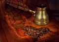 Coffee in a turk, grains and map - fototapeta