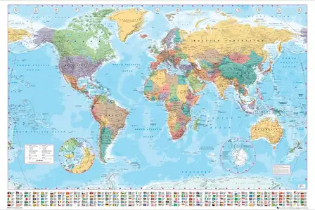 Polityczna Mapa Świata i Flagi - plakat