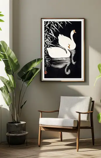 Ohara Koson White Chinese Geese Swimming by Reeds - plakat
