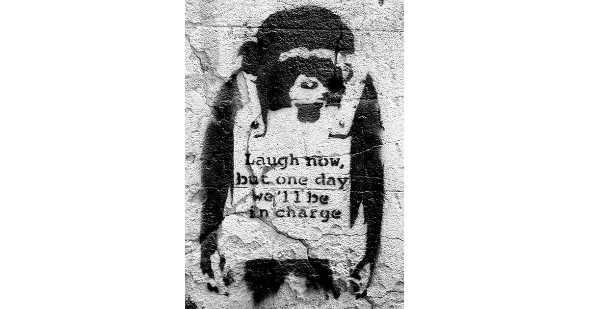 Banksy Poster AFFE Laugh Now, but one Day We'll be in Charge (42cm x 59,3cm) + weiÃŸe Geschenkverpackung. Verschenkfertig