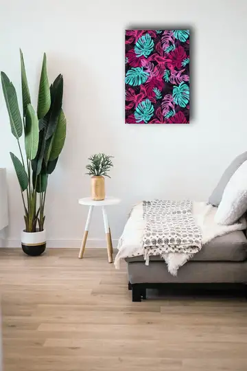 Liście tropikalne, różowe neony - obraz na płótnie