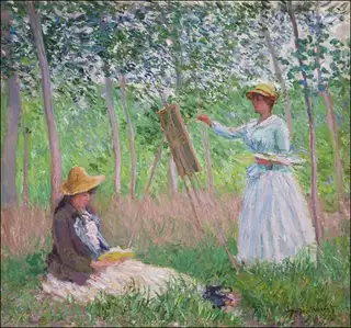 In the Woods at Giverny, Blanche Hoschedé at Her Easel with Suzanne Hoschedé Reading, Claude Monet - plakat