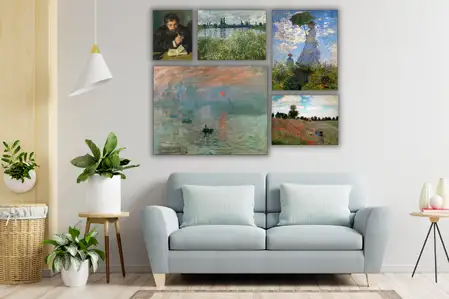 [Zestaw] Banks of the Seine, Vétheuil, Claude Monet - plakat + Impresja Wschód Słońca, Claude Monet - plakat + Pole Maków Argenteuil, Claude Monet - plakat + The promenade woman with a parasol, Claude Monet - plakat + Claude Monet, Claude Monet - plakat