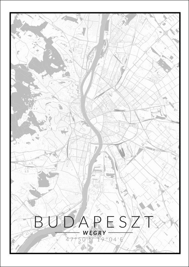 Budapeszt mapa czarno biała - plakat 70x100 cm
