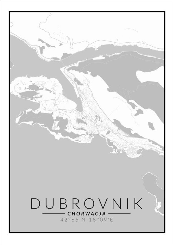 Dubrownik mapa czarno biała - plakat 70x100 cm