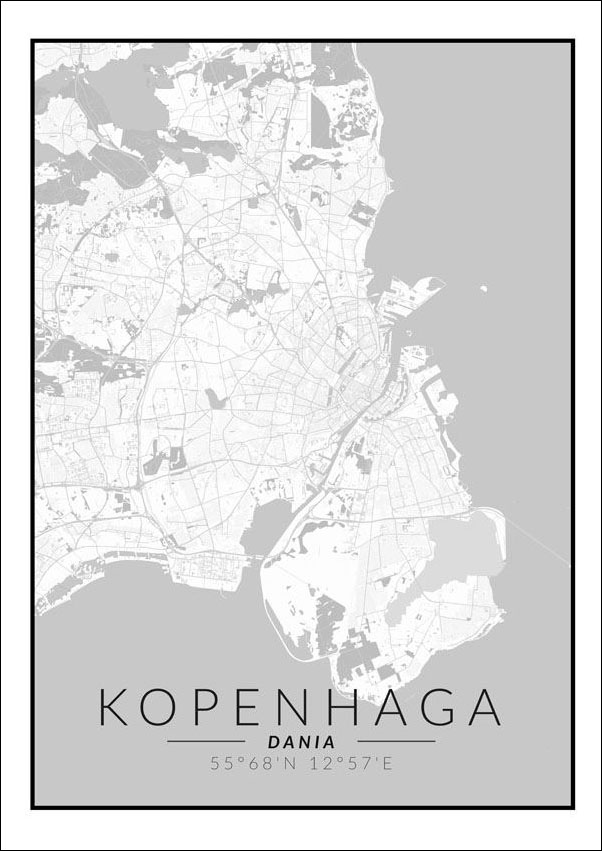 Kopenhaga mapa czarno biała - plakat 70x100 cm