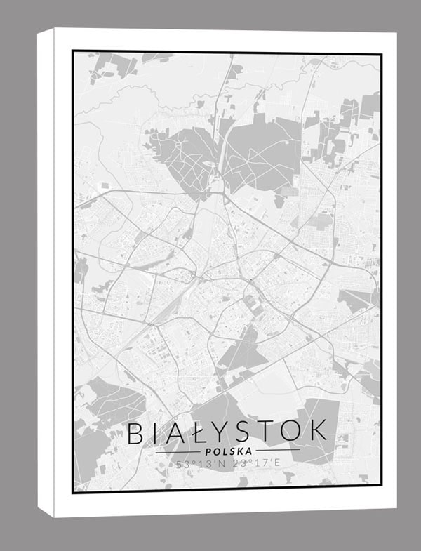 Białystok, Polska mapa czarno biała - obraz na płótnie 40x60 cm