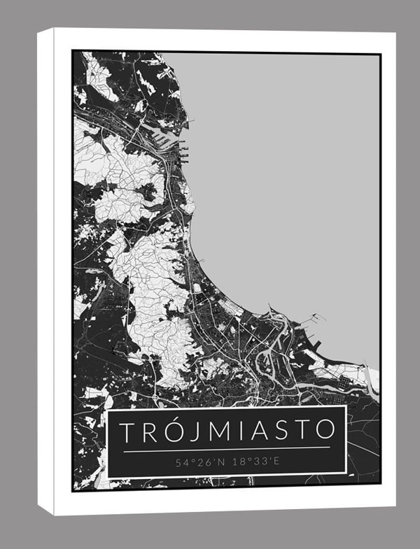 Trójmiasto czarna mapa  - obraz na płótnie 90x120 cm