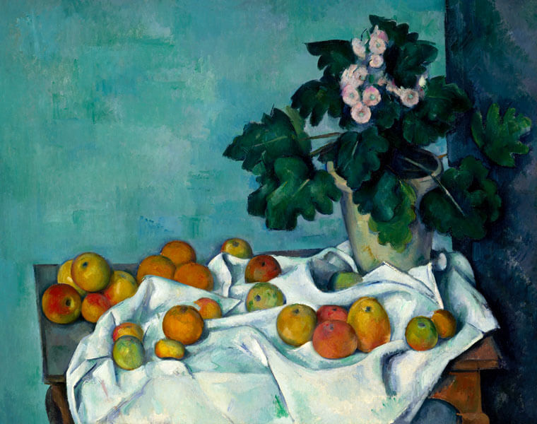 Still Life with Apples and a Pot of Primroses, Paul Cézanne - plakat 100x70 cm