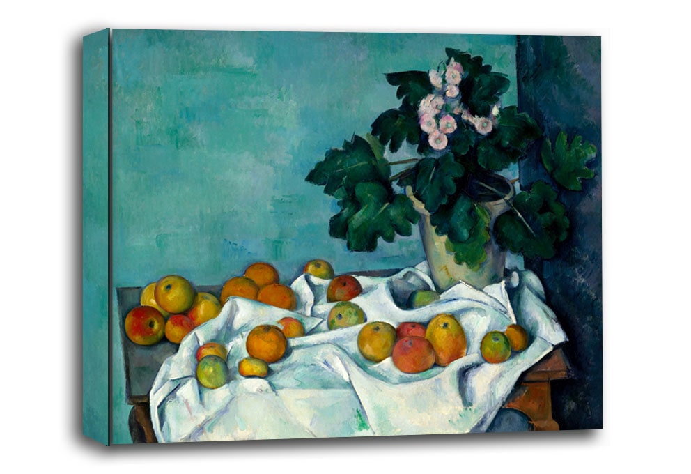 Still Life with Apples and a Pot of Primroses, Paul Cézanne - obraz na płótnie 100x70 cm