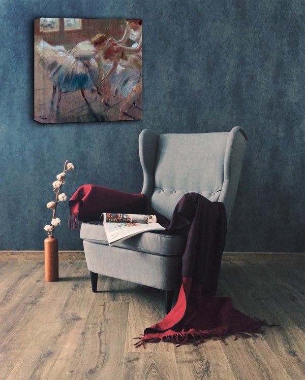 Three Dancers Preparing for Class, Edgar Degas - obraz na płótnie 30x30 cm