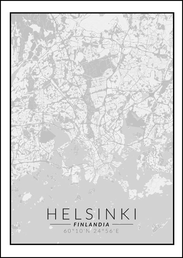 Helsinki mapa czarno biała - plakat 70x100 cm