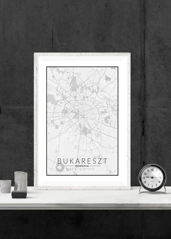 Bukareszt mapa czarno biała - plakat 30x40 cm