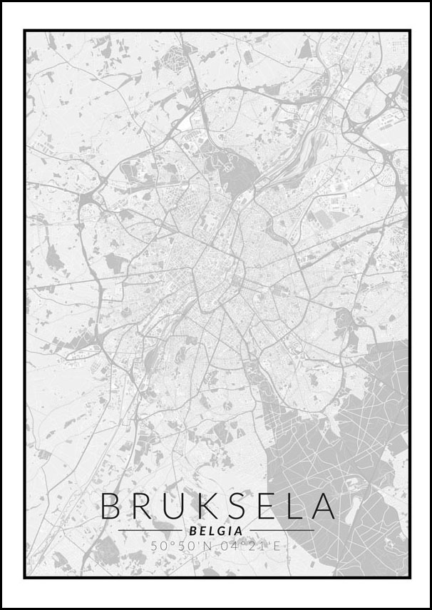 Bruksela mapa czarno biała - plakat 42x59,4 cm