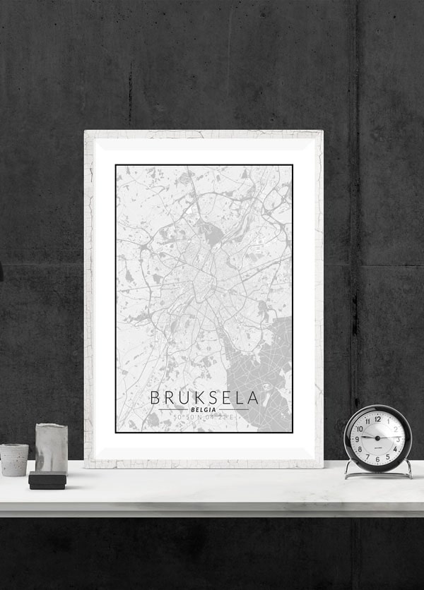 Bruksela mapa czarno biała - plakat 42x59,4 cm