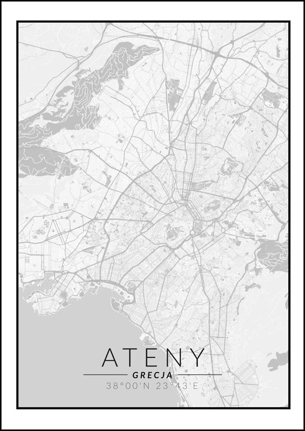 Ateny mapa czarno biała - plakat 30x40 cm