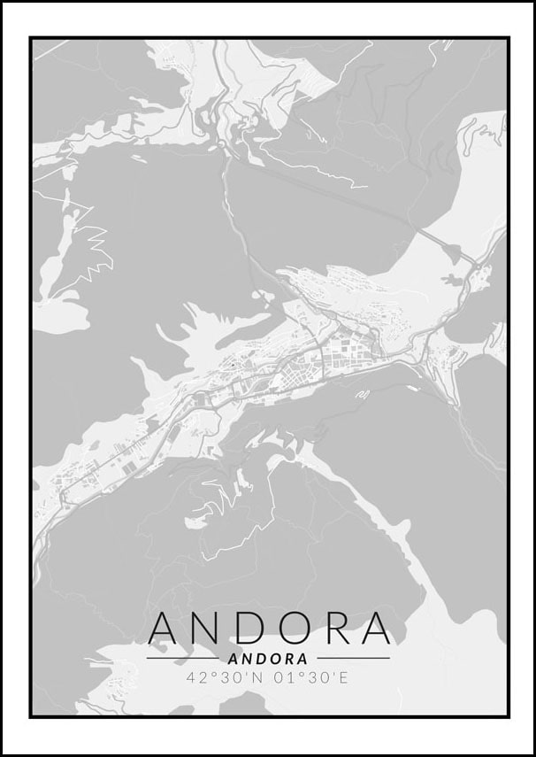Andora mapa czarno biała - plakat 59,4x84,1 cm