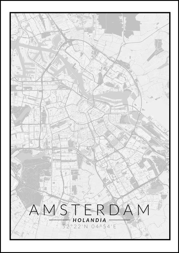 Amsterdam mapa czarno biała - plakat 21x29,7 cm