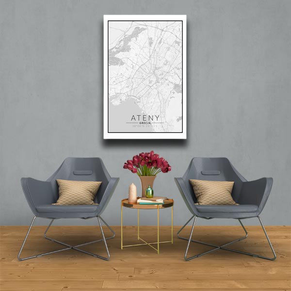Ateny mapa czarno biała - obraz na płótnie 90x120 cm