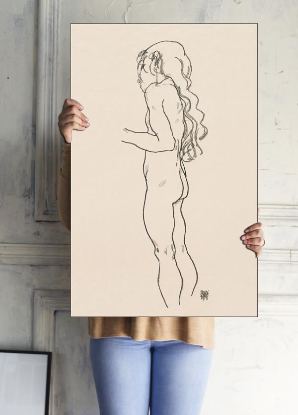 Standing Nude Girl, Facing Left, Egon Schiele - plakat 59,4x84,1 cm