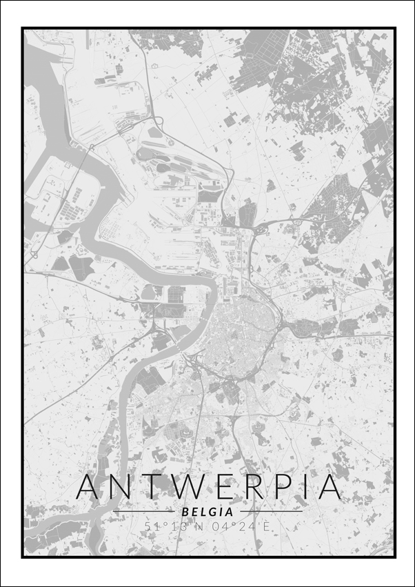 Antwerpia mapa czarno biała  - plakat 21x29,7 cm