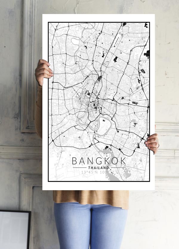 Bangkok mapa czarno biała - plakat 60x80 cm