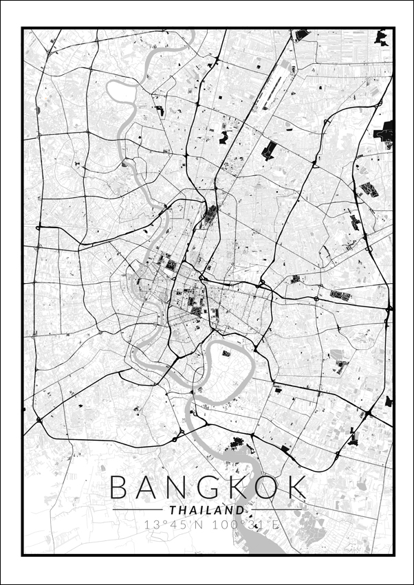 Bangkok mapa czarno biała - plakat 60x80 cm