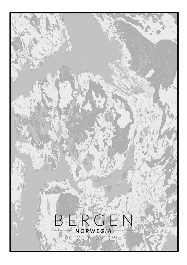 Bergen mapa czarno biała - plakat 50x70 cm