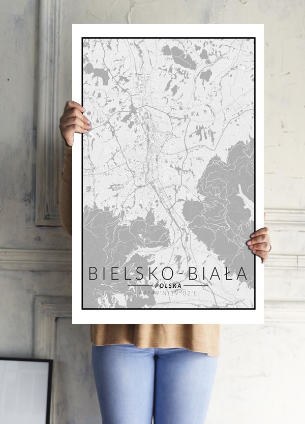 Bielsko Biała mapa czarno biała - plakat 40x60 cm