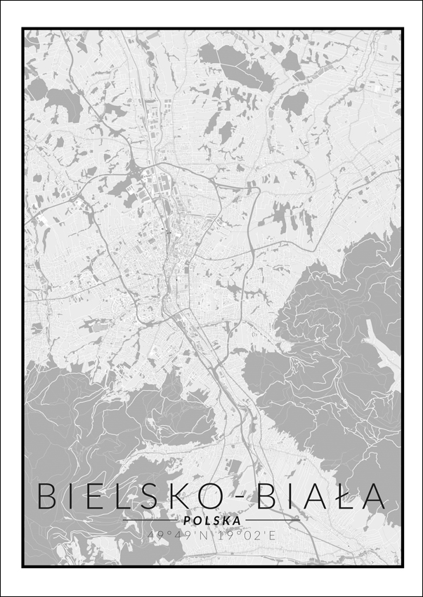Bielsko Biała mapa czarno biała - plakat 40x60 cm
