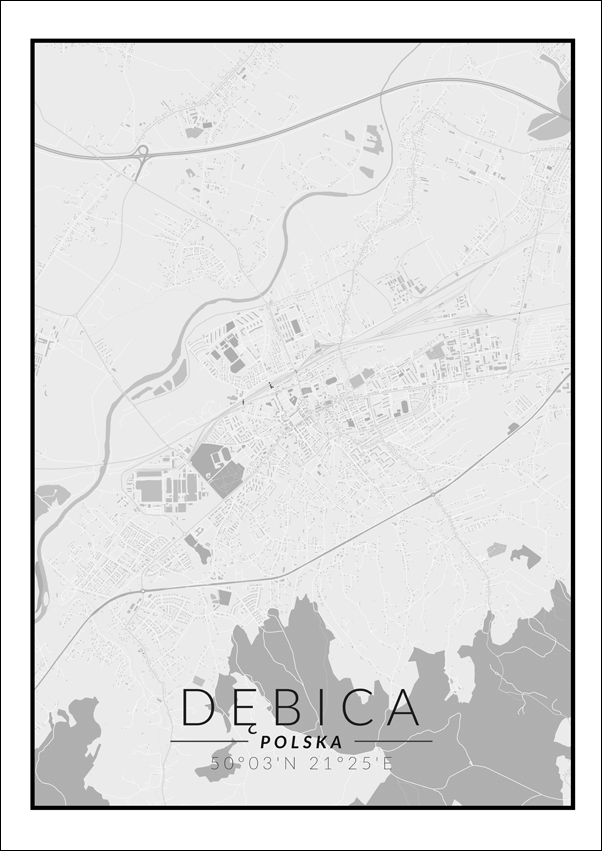 Dębica mapa czarno biała - plakat 70x100 cm