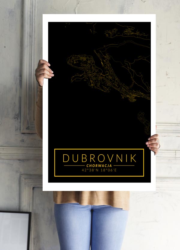 Dubrovnik mapa złota - plakat 40x50 cm
