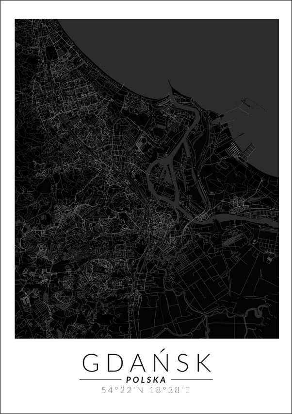 Gdańsk mapa czarna - plakat 29,7x42 cm