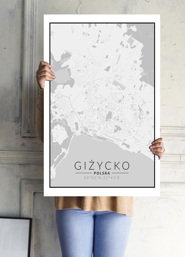 Giżycko mapa czarno biała - plakat 50x70 cm