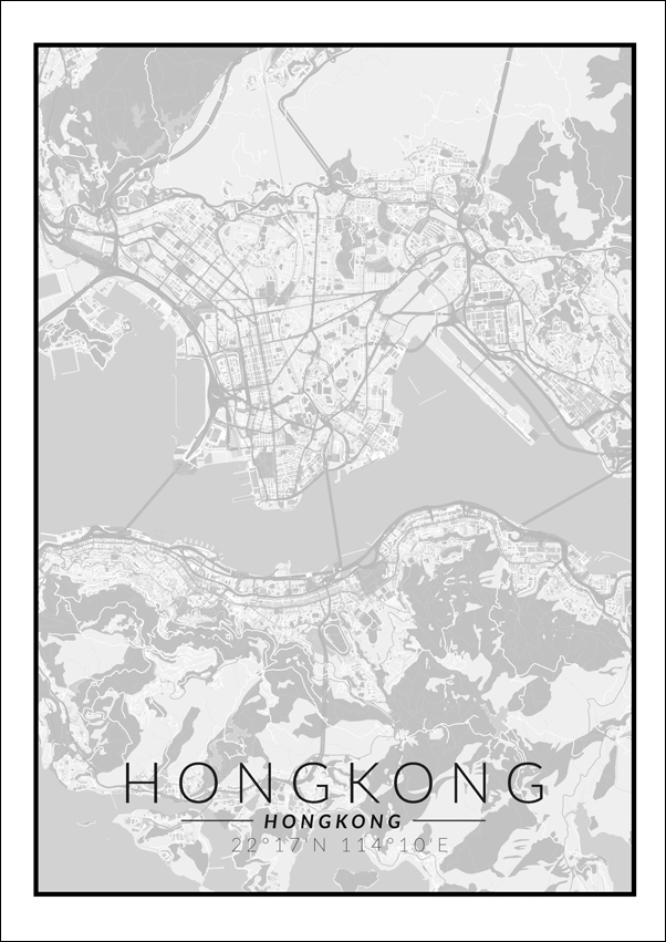 Hongkong mapa czarno biała - plakat 70x100 cm