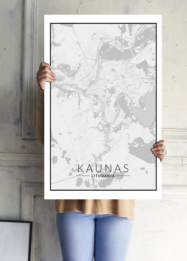 Kaunas mapa czarno biała - plakat 29,7x42 cm