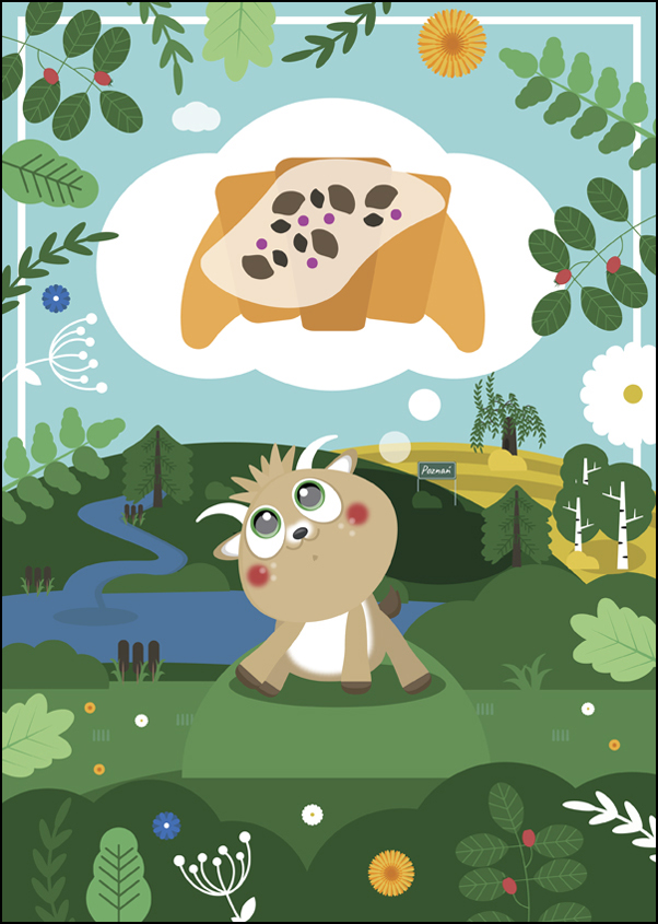 Bajkowe Miasta Poznań Koziołek z rogalem - plakat 21x29,7 cm